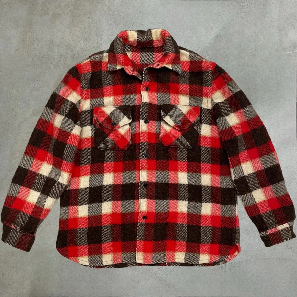 Vintage 40s 50 Wool Flannel Shirt Jacket Mens L Red Brown Buffalo Plaid Workwear
